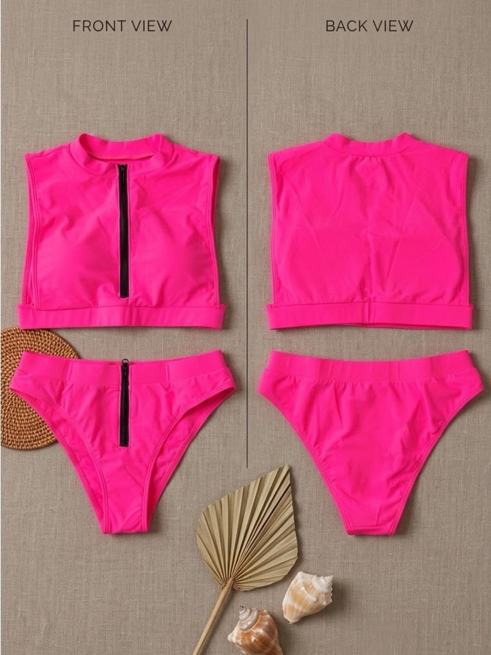 Kids Neon Pink Zip-Front Two-Piece Swim Set